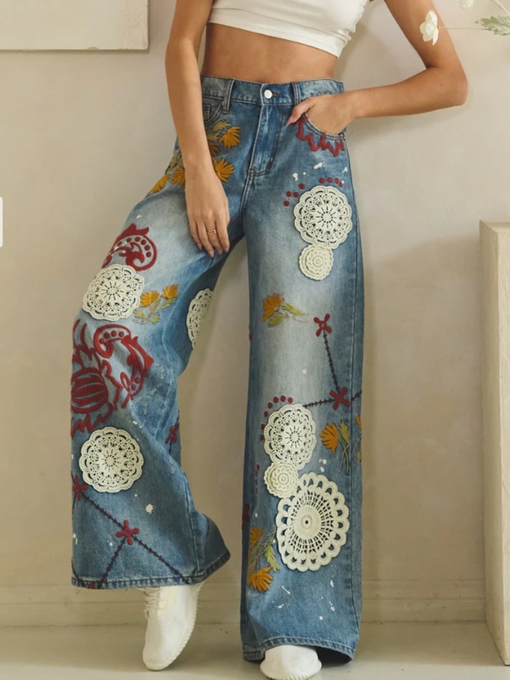 🎉 Oli and Hali “DEE” OLI & Hali WIDE LEG DENIM PANTS WITH EMBROIDERY DETAIL 34 - Picture 3 of 14